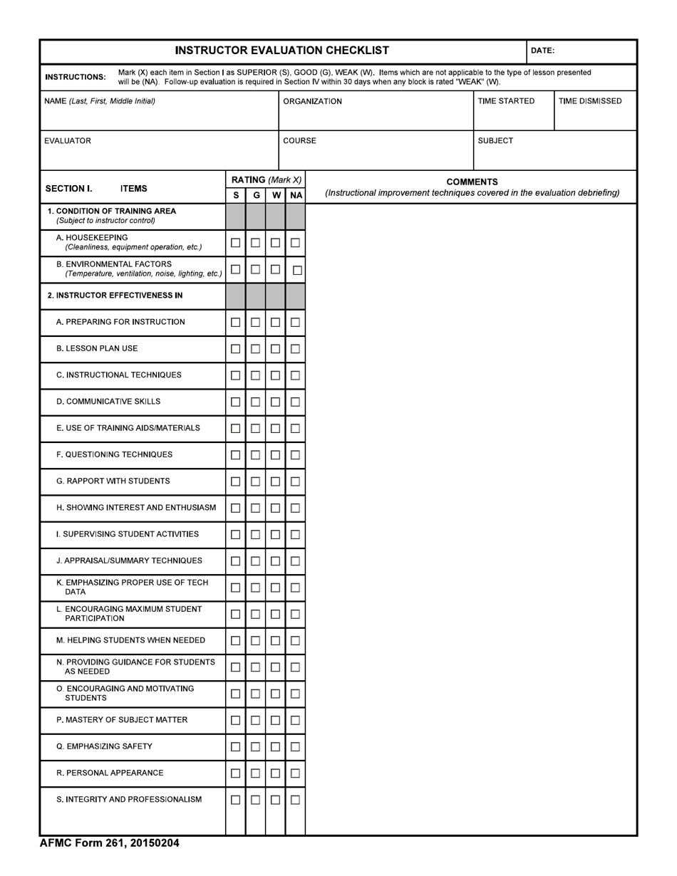 AFMC Form 261 Instructor Evaluation Checklist, Page 1