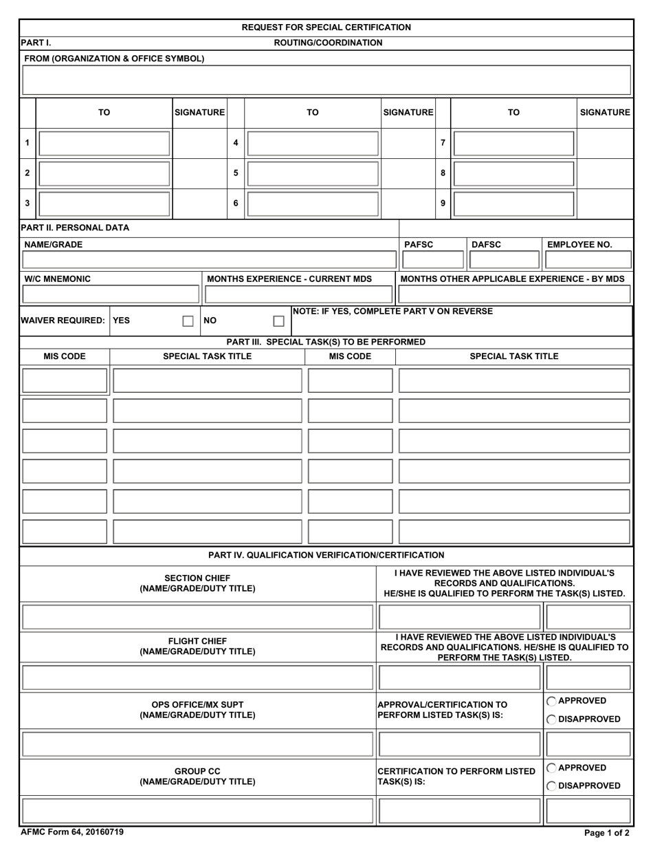 AFMC Form 64 Request for Special Certification, Page 1