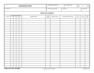 Document preview: AFMC Form 3927 Engineering Order (Continuation, Parts List Changes)