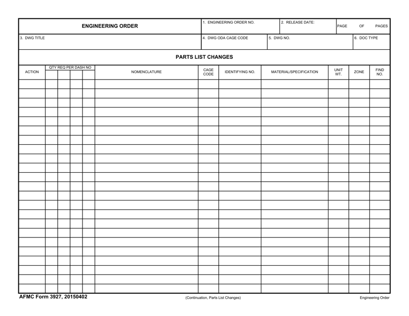 AFMC Form 3927 Engineering Order (Continuation, Parts List Changes)