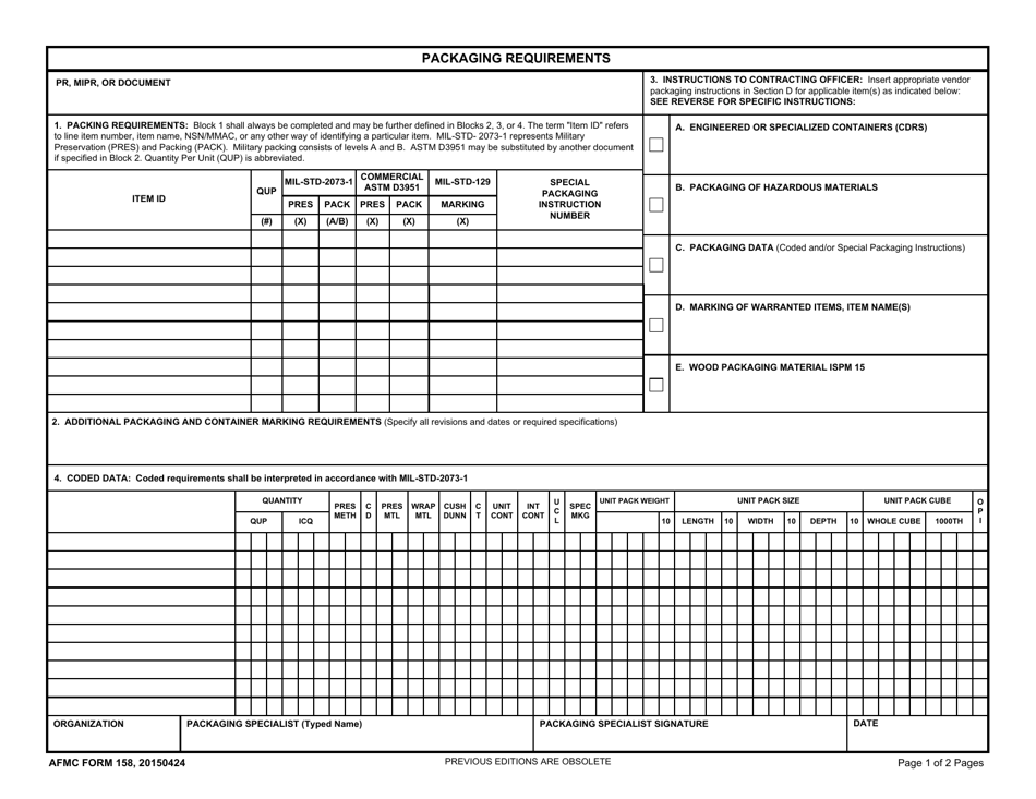 AFMC Form 158 Packaging Requirements, Page 1