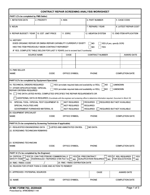 AFMC Form 762 Contract Repair Screening Analysis Worksheet