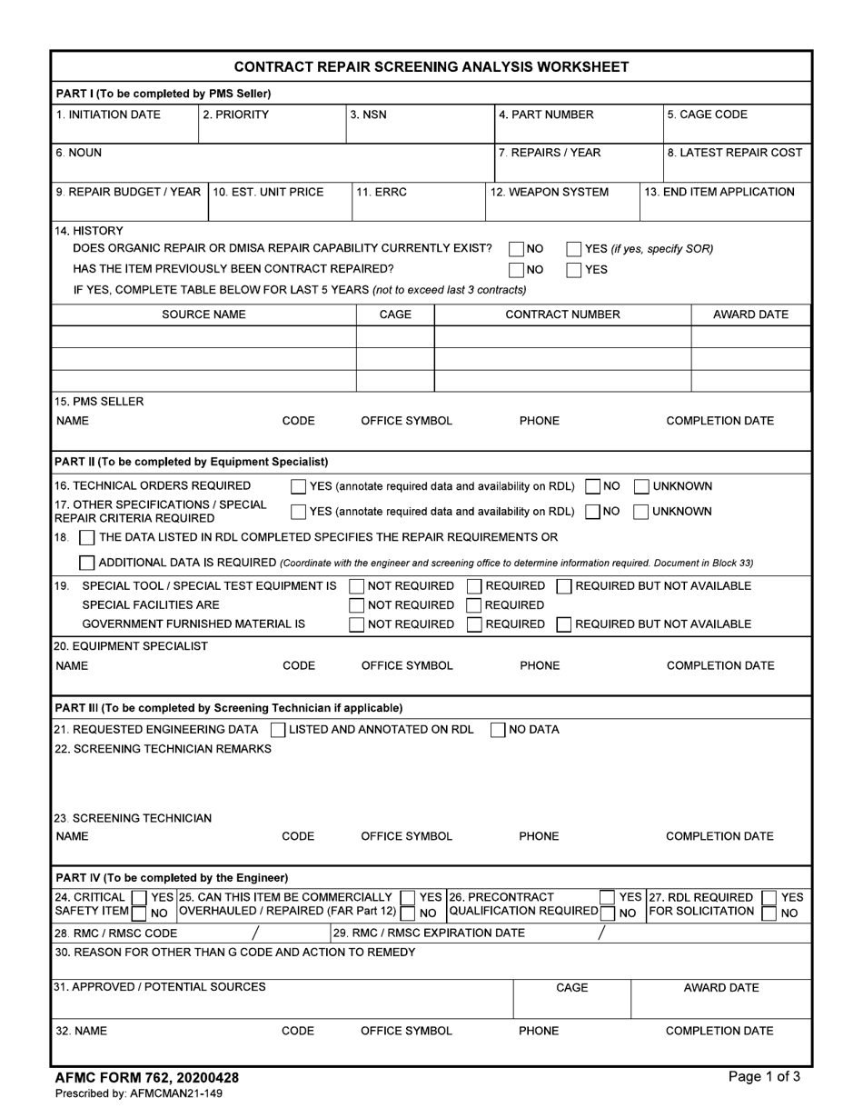 AFMC Form 762 Contract Repair Screening Analysis Worksheet, Page 1