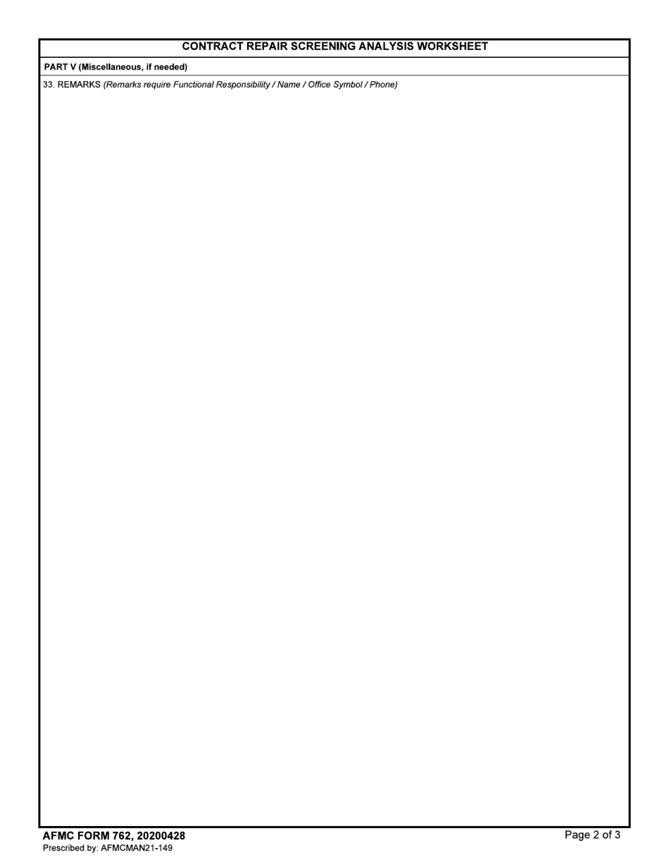 AFMC Form 762 Contract Repair Screening Analysis Worksheet, Page 2