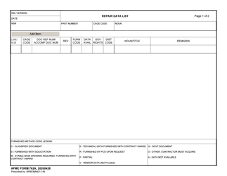 AFMC Form 762A Repair Data List