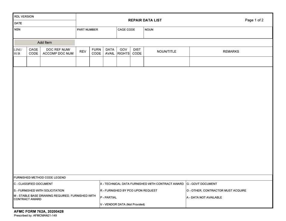 AFMC Form 762A Repair Data List, Page 1