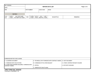 AFMC Form 762A Repair Data List, Page 2