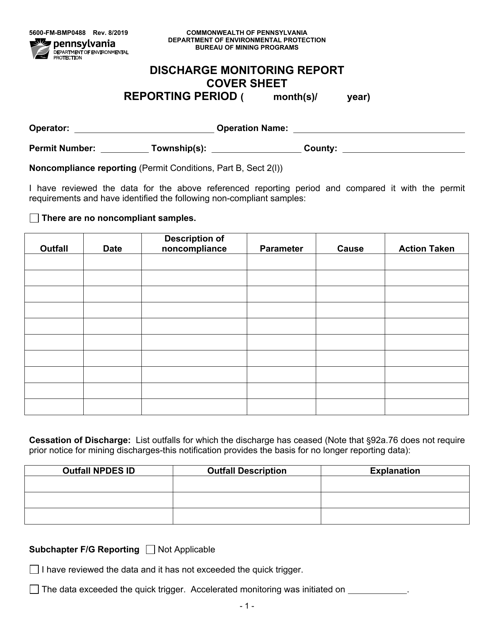 Form 5600-PM-BMP0488 Discharge Monitoring Report Cover Sheet - Pennsylvania