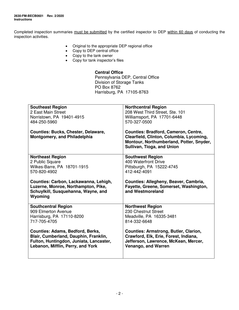 Instructions for Form 2630-FM-BECB0601 Aboveground Storage Tank Modification Inspection Summary - Pennsylvania, Page 2
