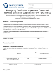 Form PDE338 ES Emergency Certification Agreement Career and Technical Education Supplement - Pennsylvania