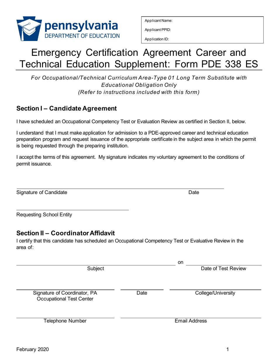 Form PDE338 ES Emergency Certification Agreement Career and Technical Education Supplement - Pennsylvania, Page 1