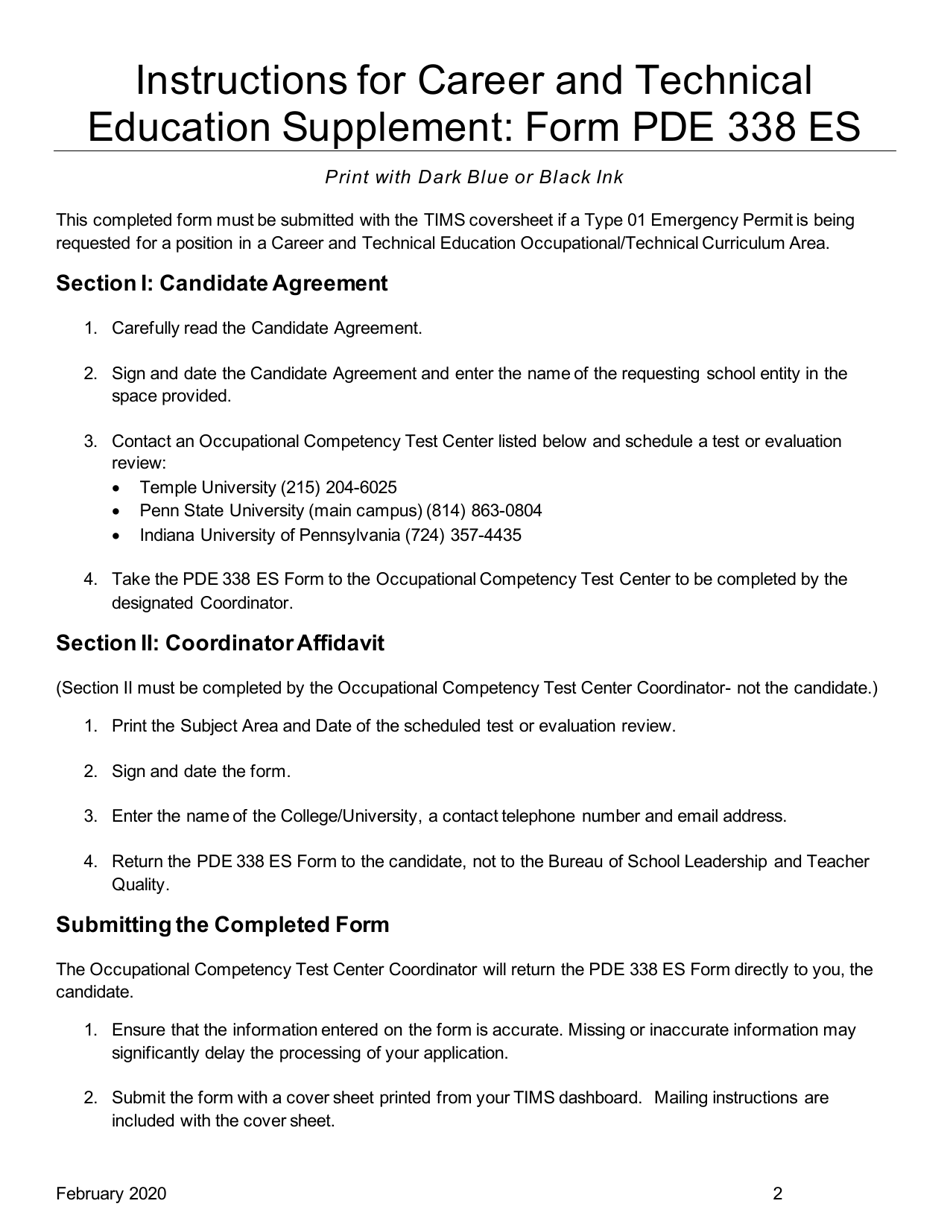 Form PDE338 ES Emergency Certification Agreement Career and Technical Education Supplement - Pennsylvania, Page 2