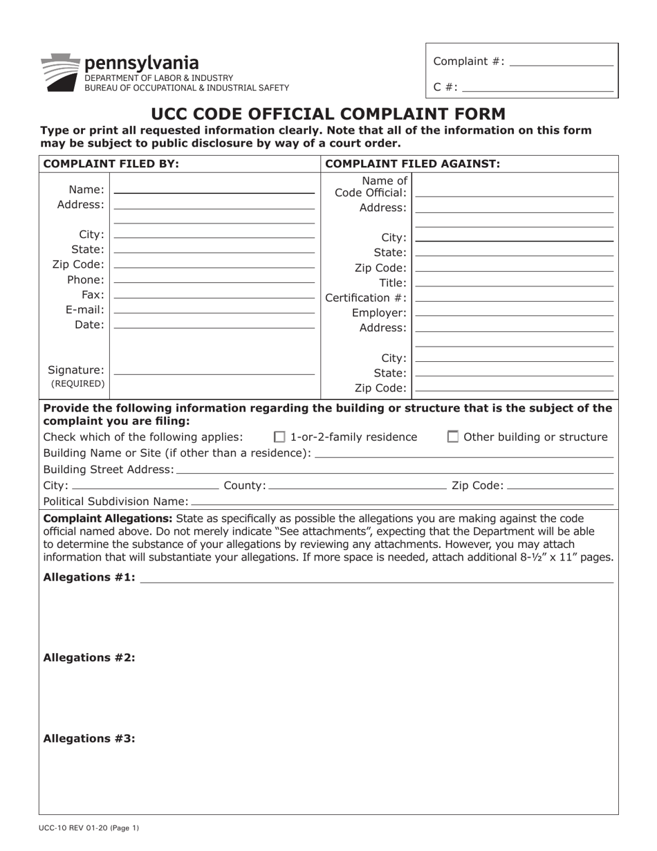 Form UCC-10 Ucc Code Official Complaint Form - Pennsylvania, Page 1