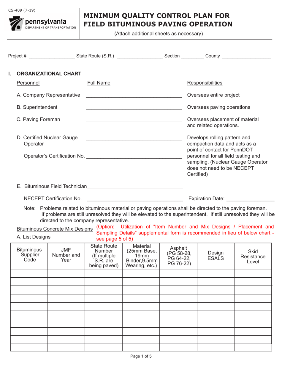Form CS-409 Minimum Quality Control Plan for Field Bituminous Paving Operation - Pennsylvania, Page 1