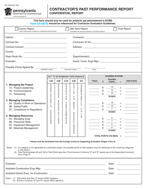 Form CS-4307 Contractor's Past Performance Report - Pennsylvania