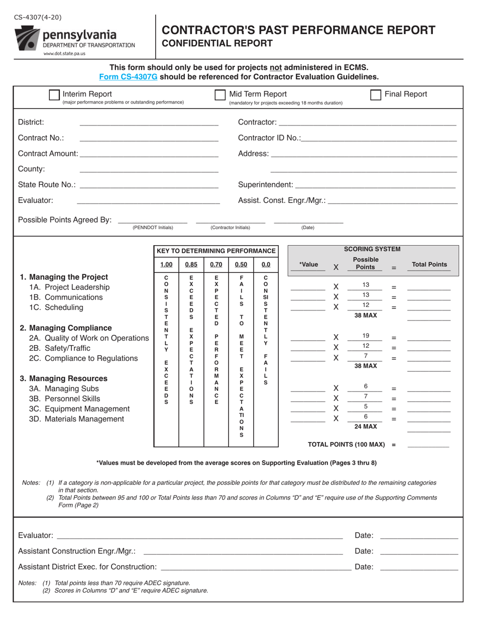 Form CS-4307 Contractors Past Performance Report - Pennsylvania, Page 1