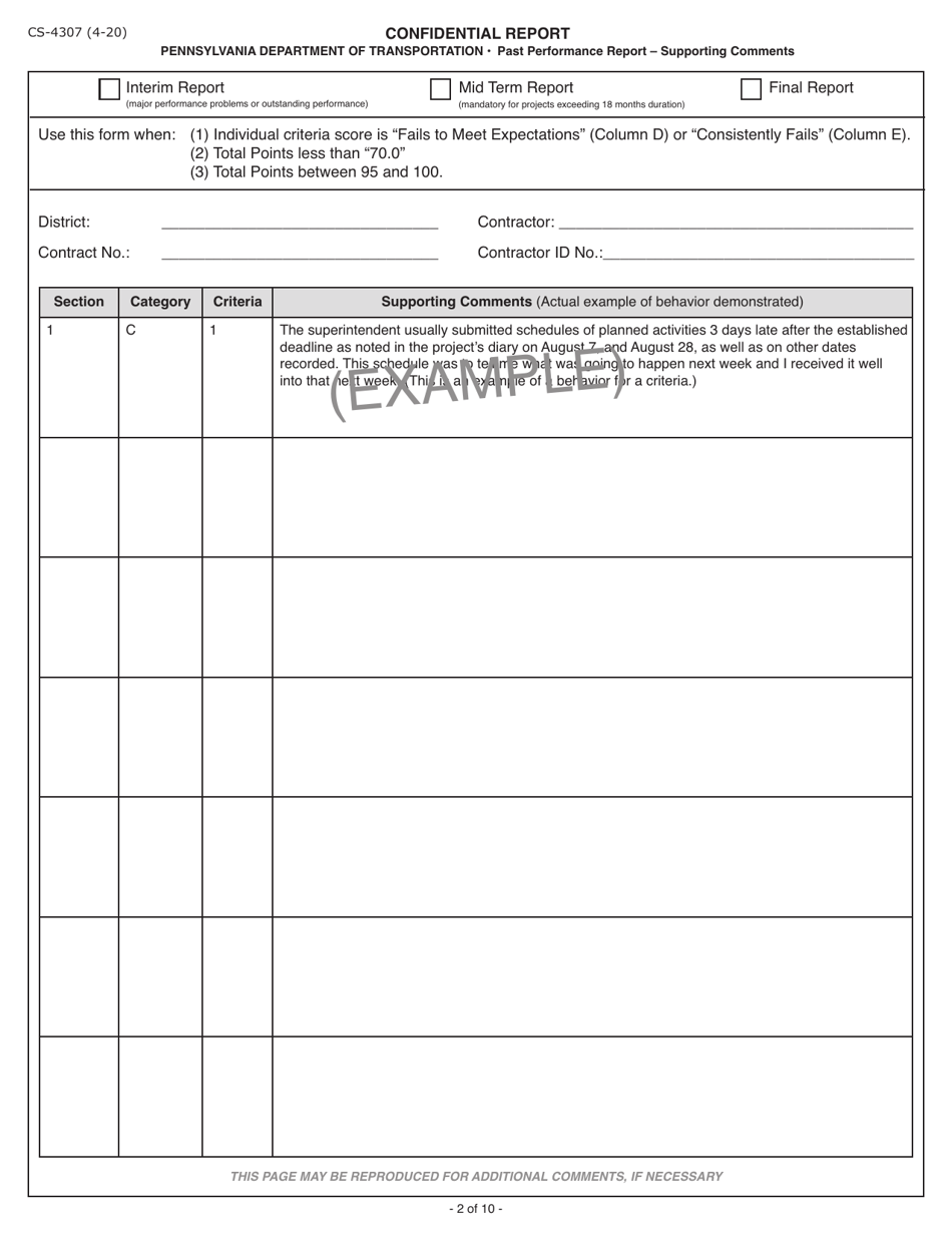 Form CS-4307 Contractors Past Performance Report - Pennsylvania, Page 2
