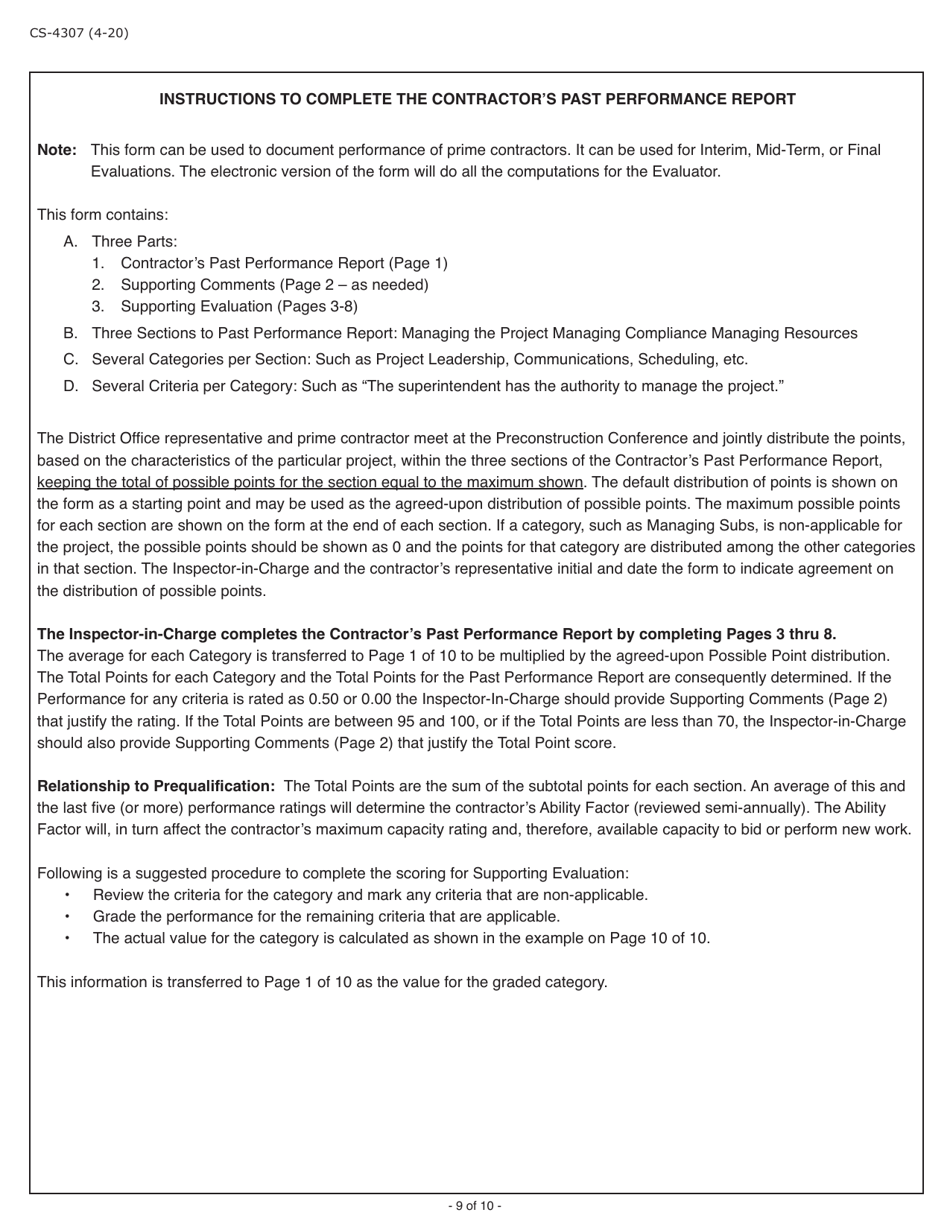 Form CS-4307 Contractors Past Performance Report - Pennsylvania, Page 9
