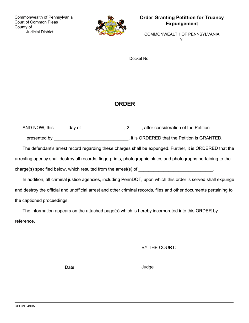 Form CPCMS490A Order Granting Petittion for Truancy Expungement - Pennsylvania, Page 1