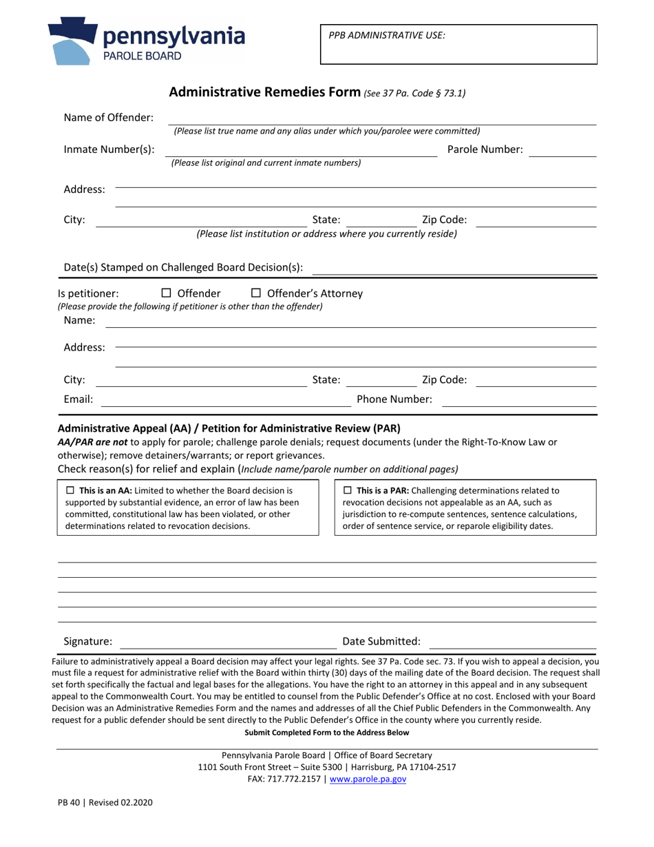 Form PB40 Administrative Remedies Form - Pennsylvania, Page 1