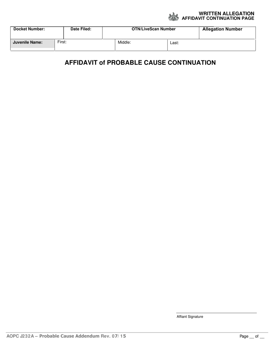 Form AOPC J232A Affidavit of Probable Cause Continuation - Pennsylvania, Page 1