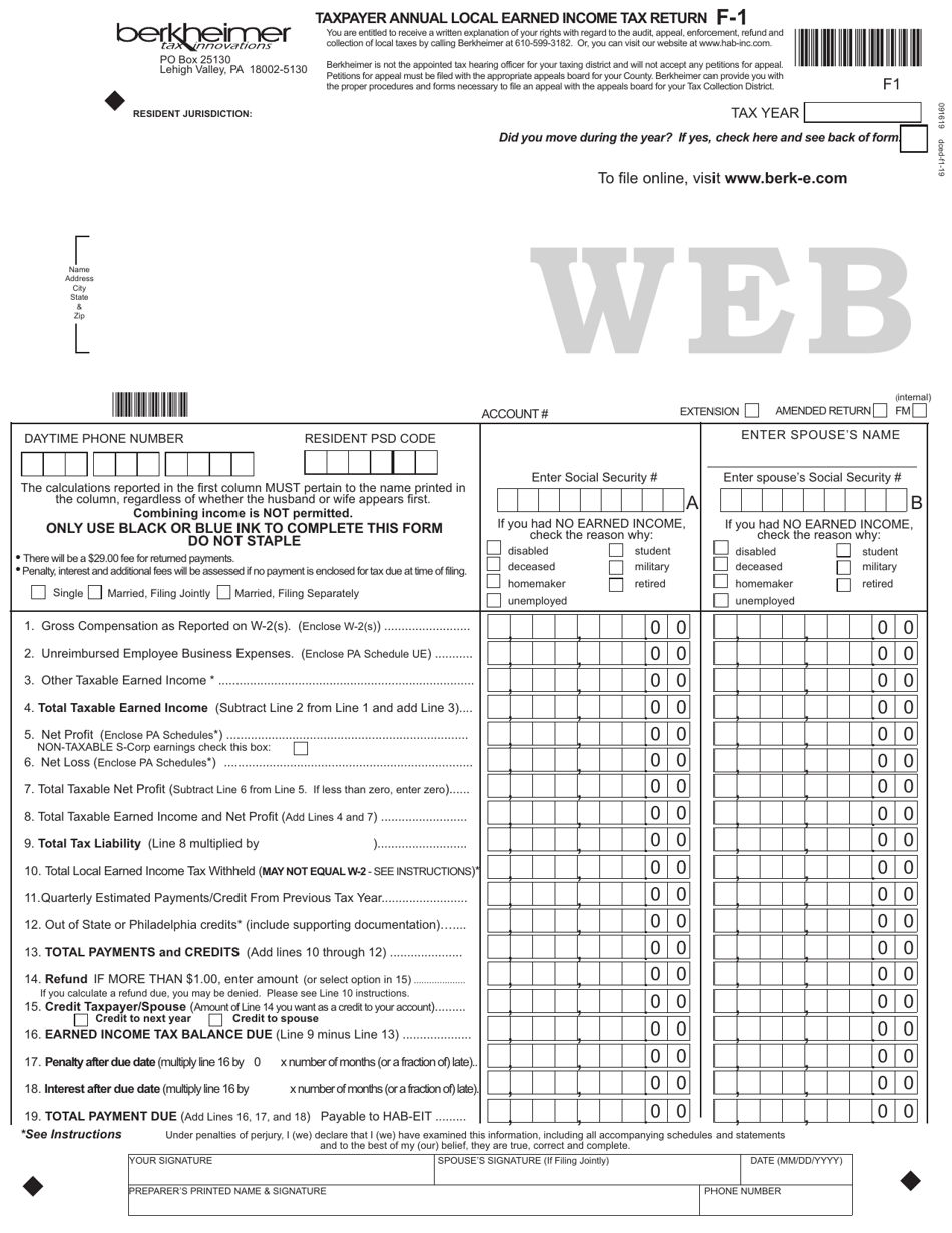 Form F-1 Taxpayer Annual Local Earned Income Tax Return - Pennsylvania, Page 1