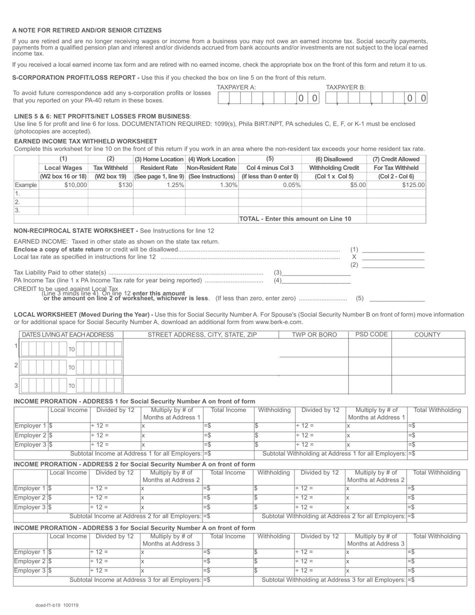 Form F-1 Taxpayer Annual Local Earned Income Tax Return - Pennsylvania, Page 2