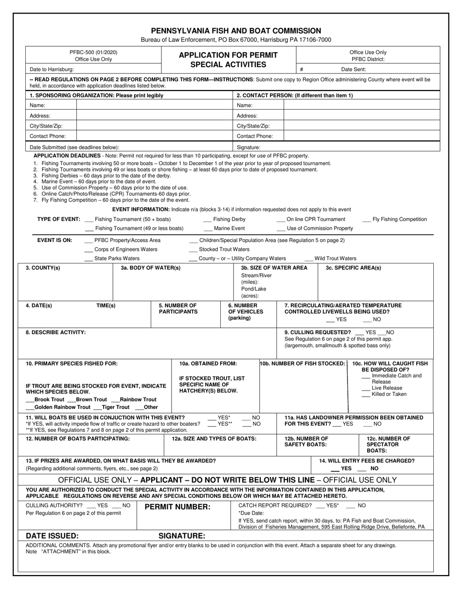 Form PFBC-500 Application for Permit Special Activities - Pennsylvania, Page 1