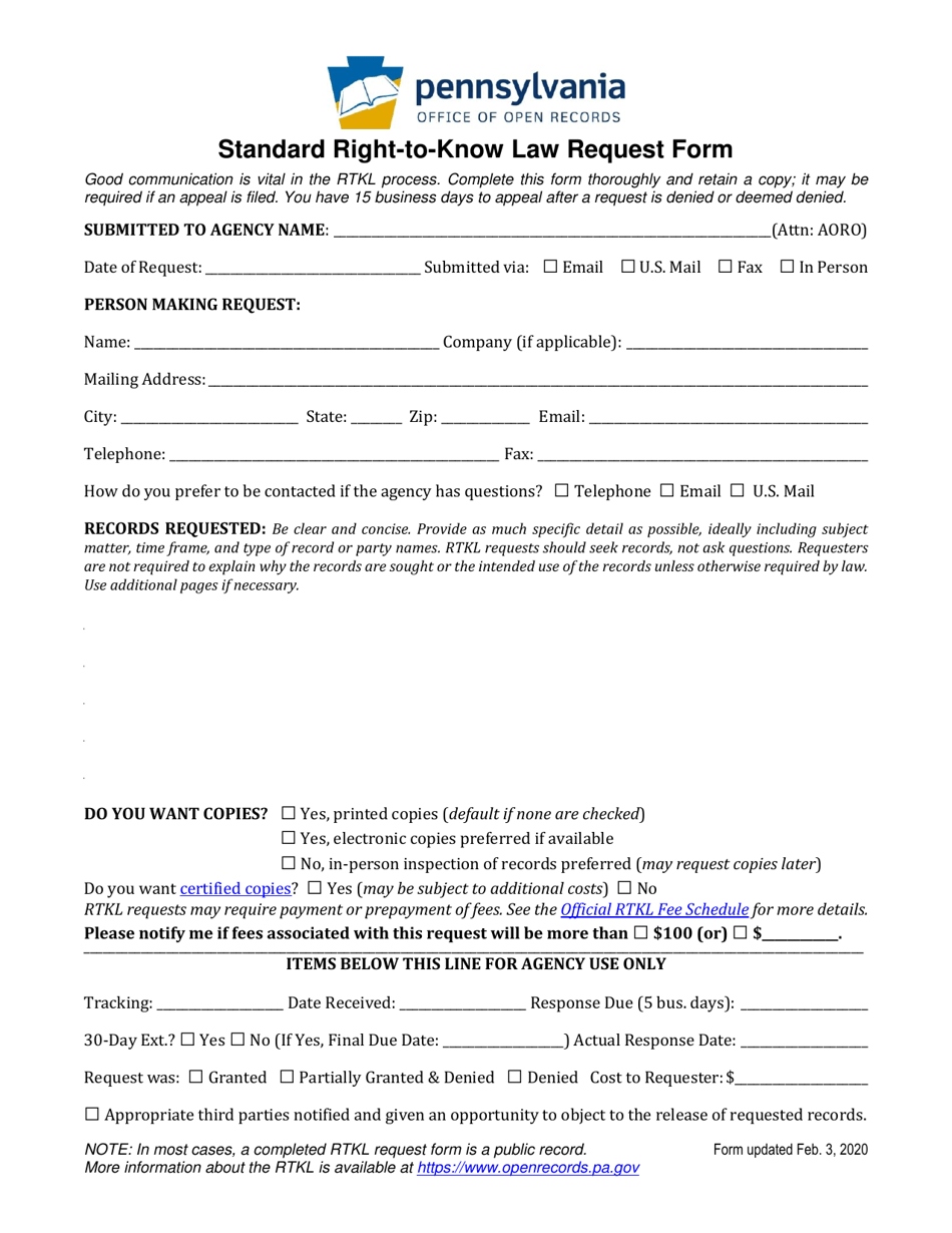 Standard Right-To-Know Law Request Form - Pennsylvania, Page 1
