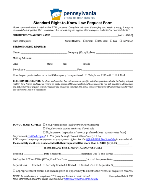 Standard Right-To-Know Law Request Form - Pennsylvania