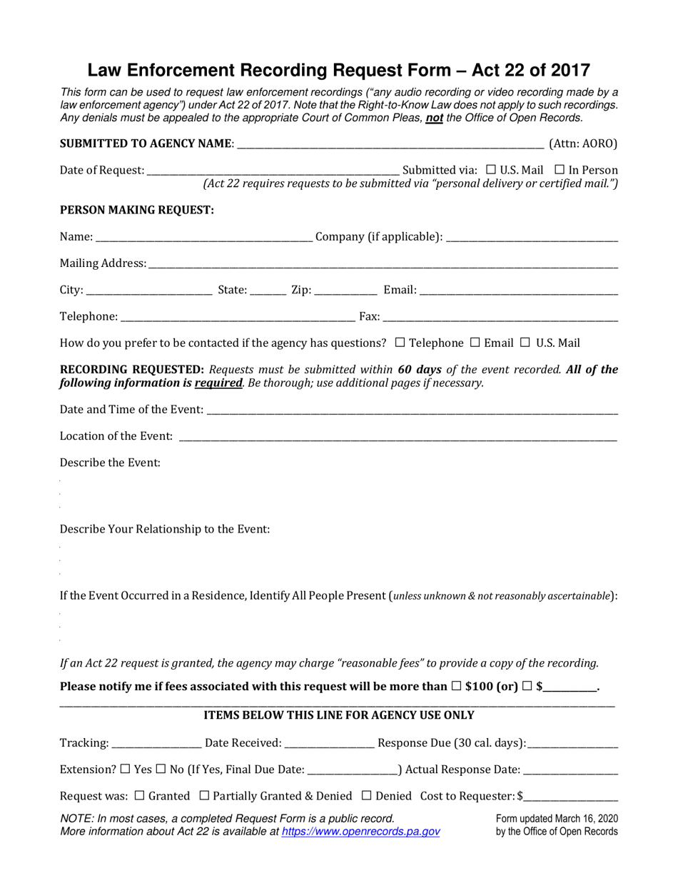 Pennsylvania Law Enforcement Recording Request Form - Fill Out, Sign ...