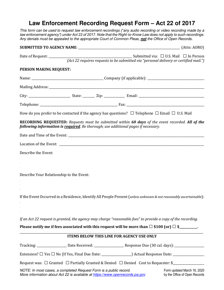 Law Enforcement Recording Request Form - Pennsylvania, Page 1