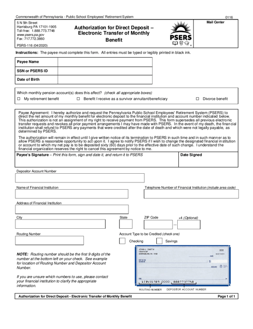 Form PSRS-116 Authorization for Direct Deposit - Electronic Transfer of Monthly Benefit - Pennsylvania