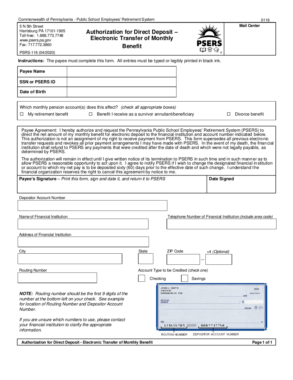 Form PSRS-116 Authorization for Direct Deposit - Electronic Transfer of Monthly Benefit - Pennsylvania, Page 1