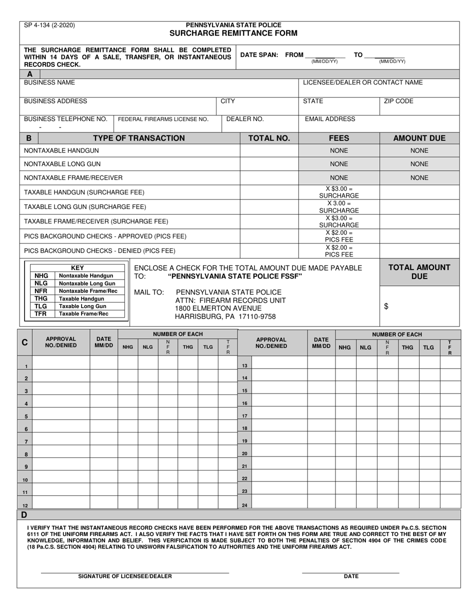 Form SP4-134 Surcharge Remittance Form - Pennsylvania, Page 1
