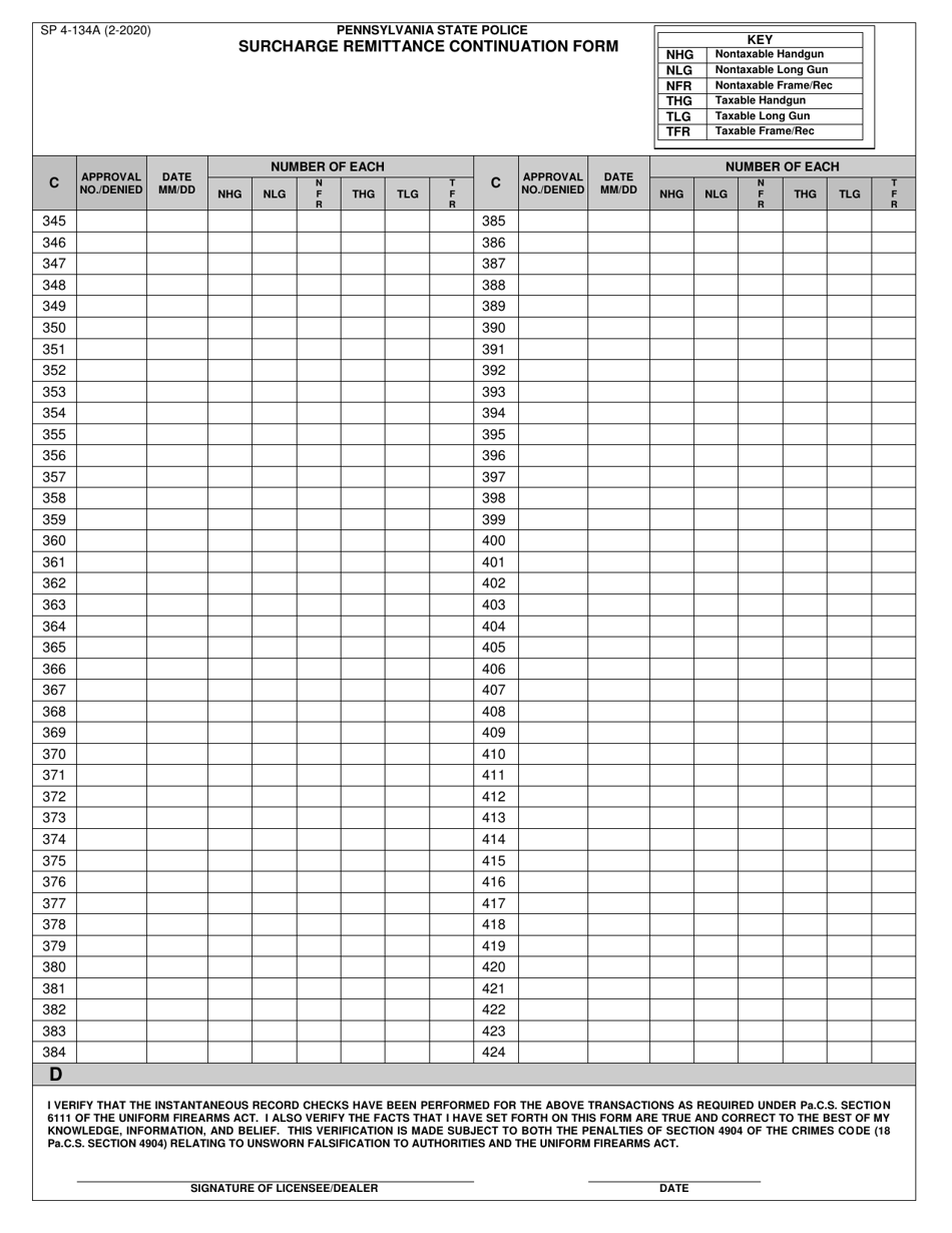 Form SP4-134A Surcharge Remittance Continuation Form - Pennsylvania, Page 5