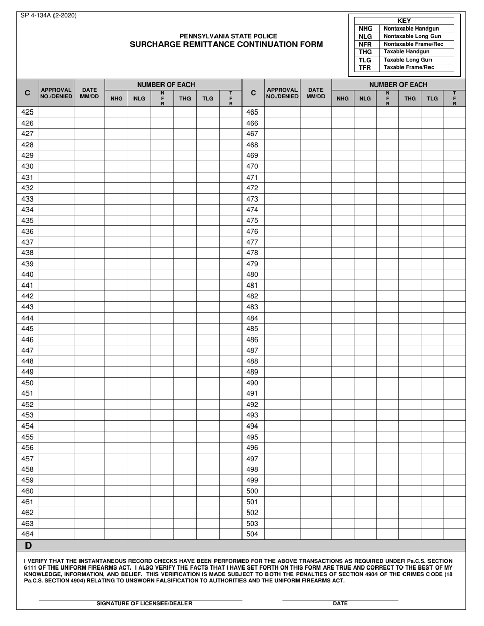Form SP4-134A Surcharge Remittance Continuation Form - Pennsylvania, Page 6