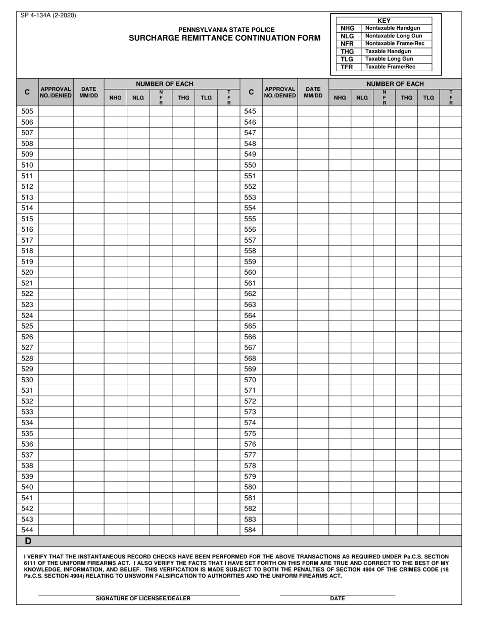 Form SP4-134A Surcharge Remittance Continuation Form - Pennsylvania, Page 7