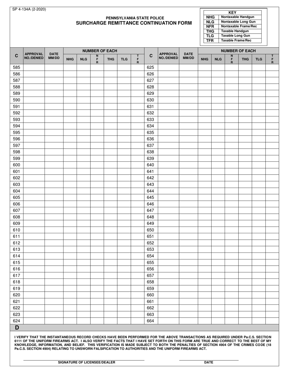 Form SP4-134A Surcharge Remittance Continuation Form - Pennsylvania, Page 8