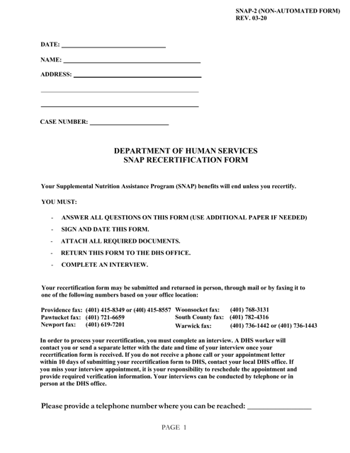Form SNAP-2 Snap Recertification Form - Rhode Island