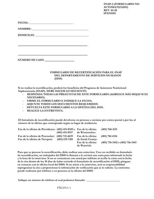 Formulario SNAP-2 Formulario De Recertificacion Para El Snap Del Departamento De Servicios Humanos (DHS) - Rhode Island (Spanish)