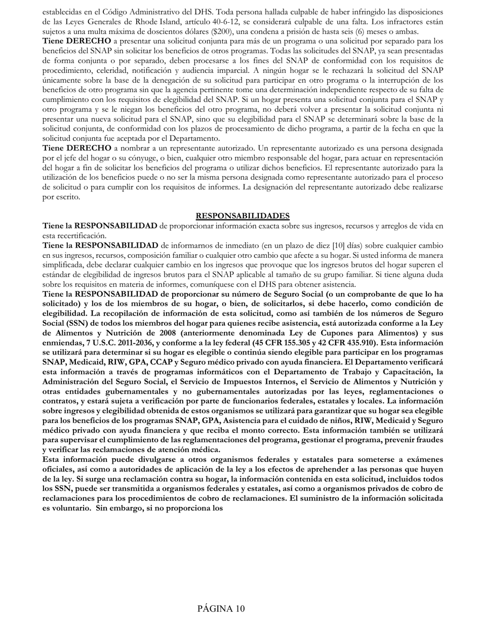Formulario SNAP-2 Formulario De Recertificacion Para El Snap Del Departamento De Servicios Humanos (DHS) - Rhode Island (Spanish), Page 10