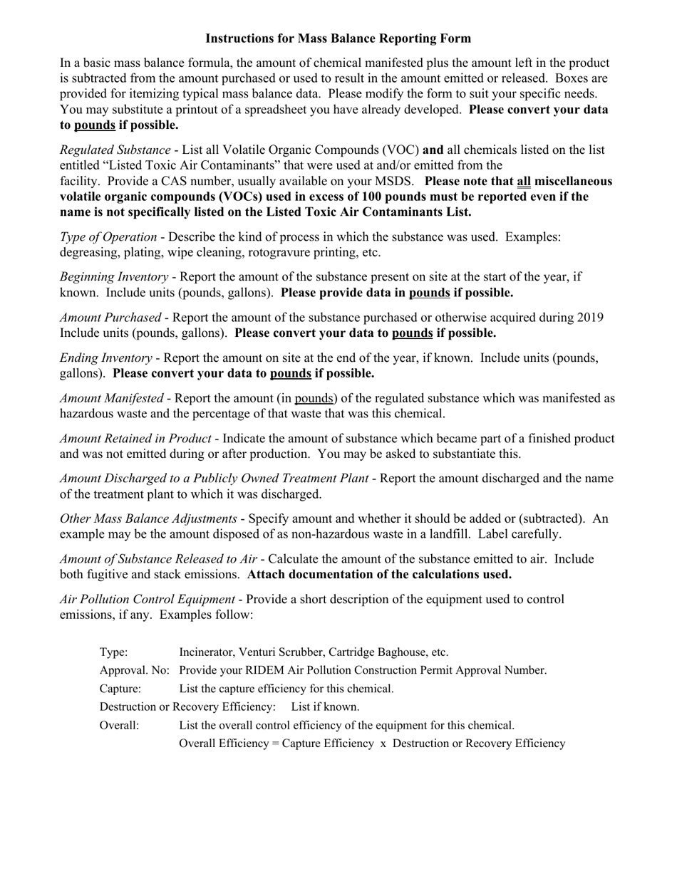 API Form J Chemical Use Mass Balance Reporting - Rhode Island, Page 2