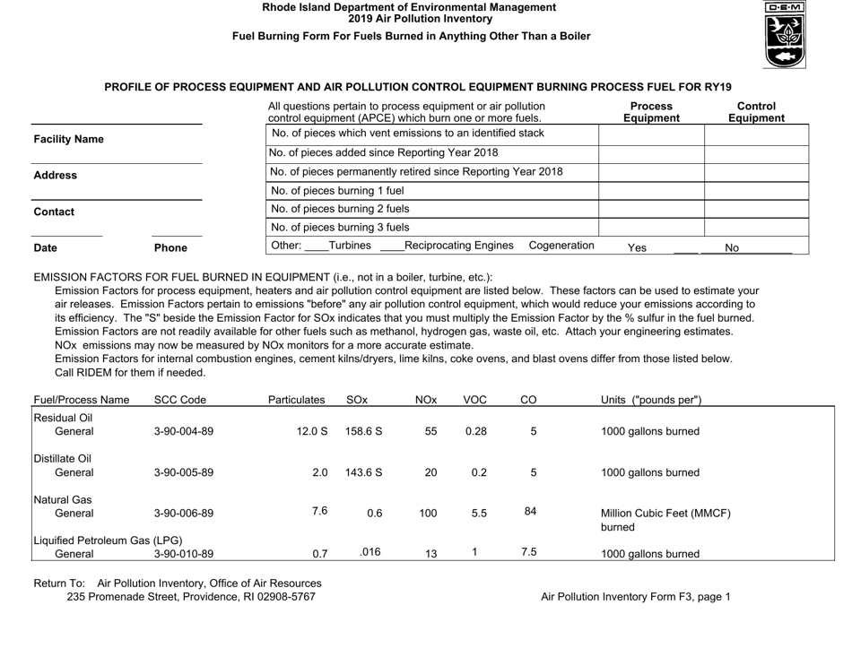 API Form F3 Fuel Burning Form for Fuels Burned in Anything Other Than a Boiler - Rhode Island, Page 1