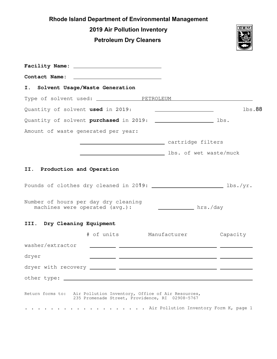 API Form K Petroleum Drycleaning Operations - Rhode Island, Page 1