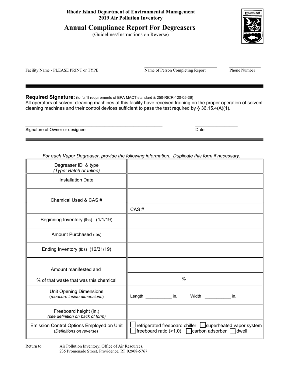 2019 Rhode Island Annual Compliance Report For Degreasers - Fill Out 