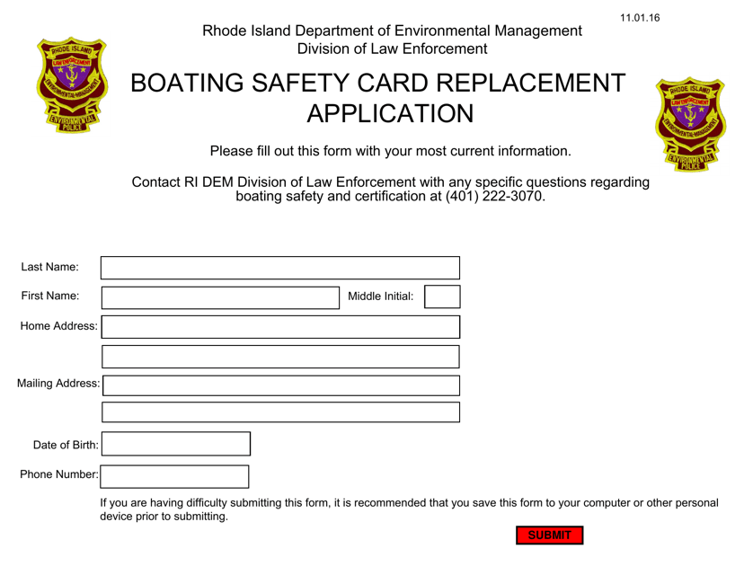 Boating Safety Card Replacement Application - Rhode Island