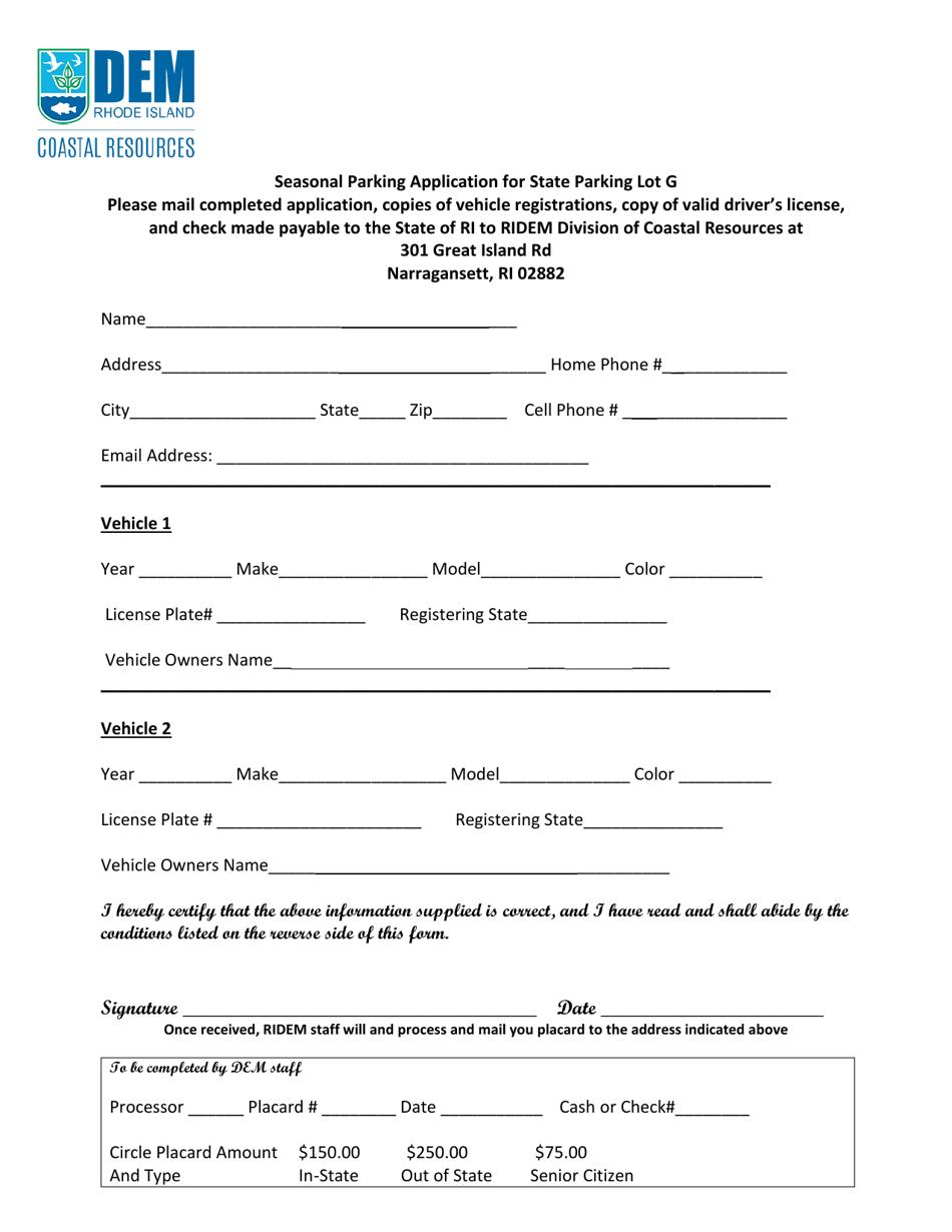 Rhode Island Seasonal Parking Application for State Parking Lot G