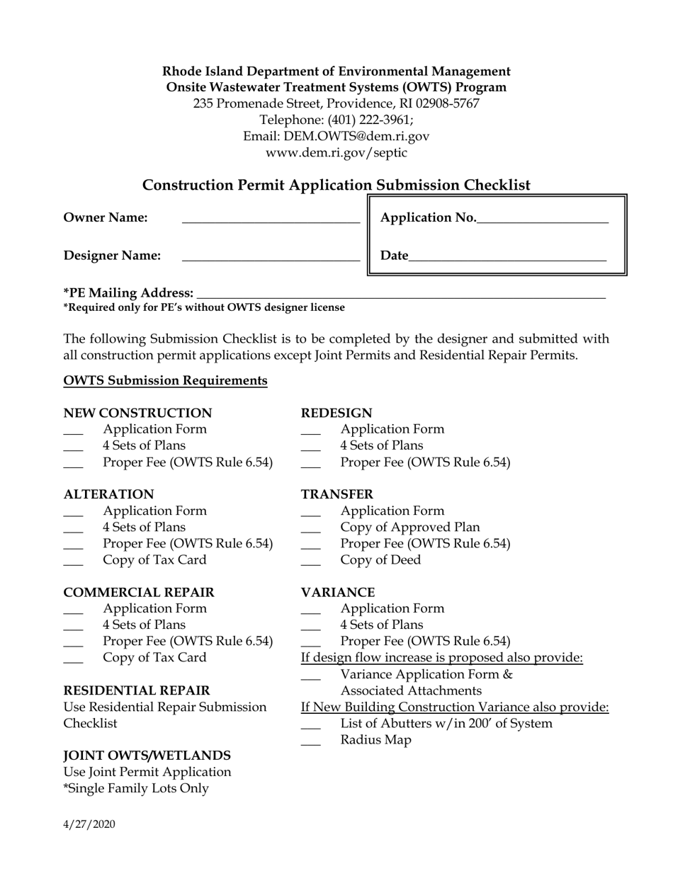 Construction Permit Application Submission Checklist - Rhode Island, Page 1