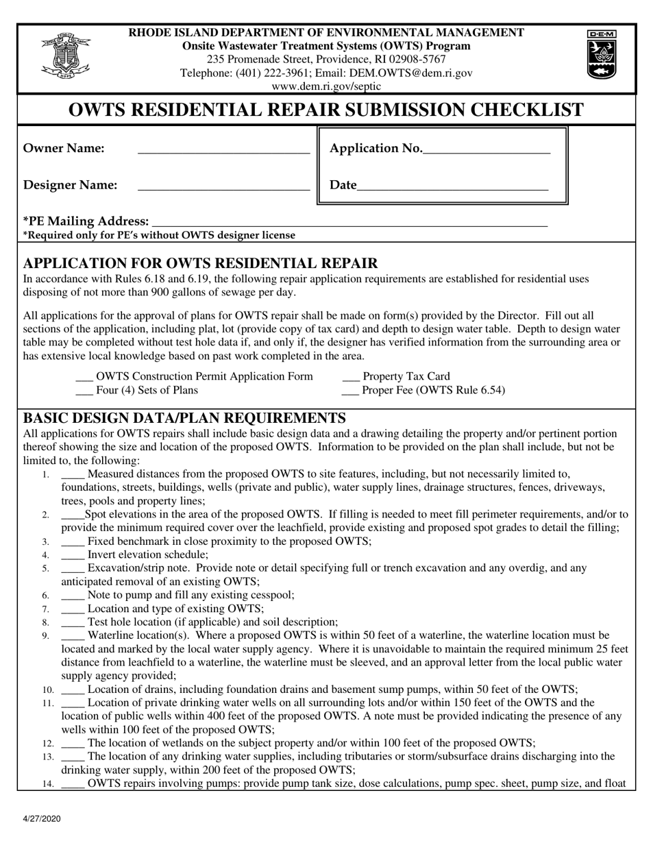 Owts Residential Repair Submission Checklist - Rhode Island, Page 1